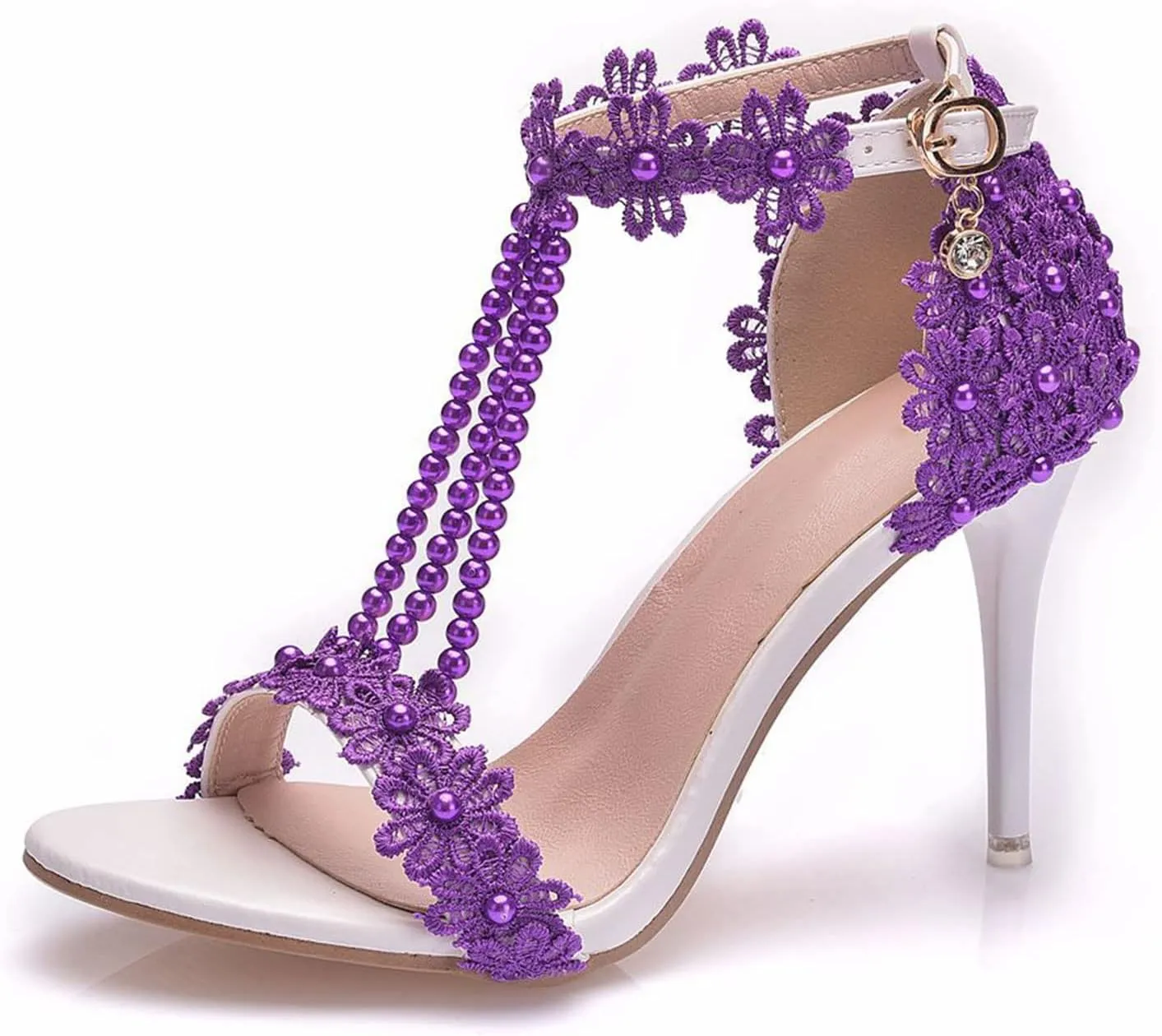 Wedding Shoes Sandals 9Cm Ladies High Heels Bridesmaid Shoes Wedding One Word Buckle Straps Lace Beaded Stiletto Fish Mouth Roman Sandals