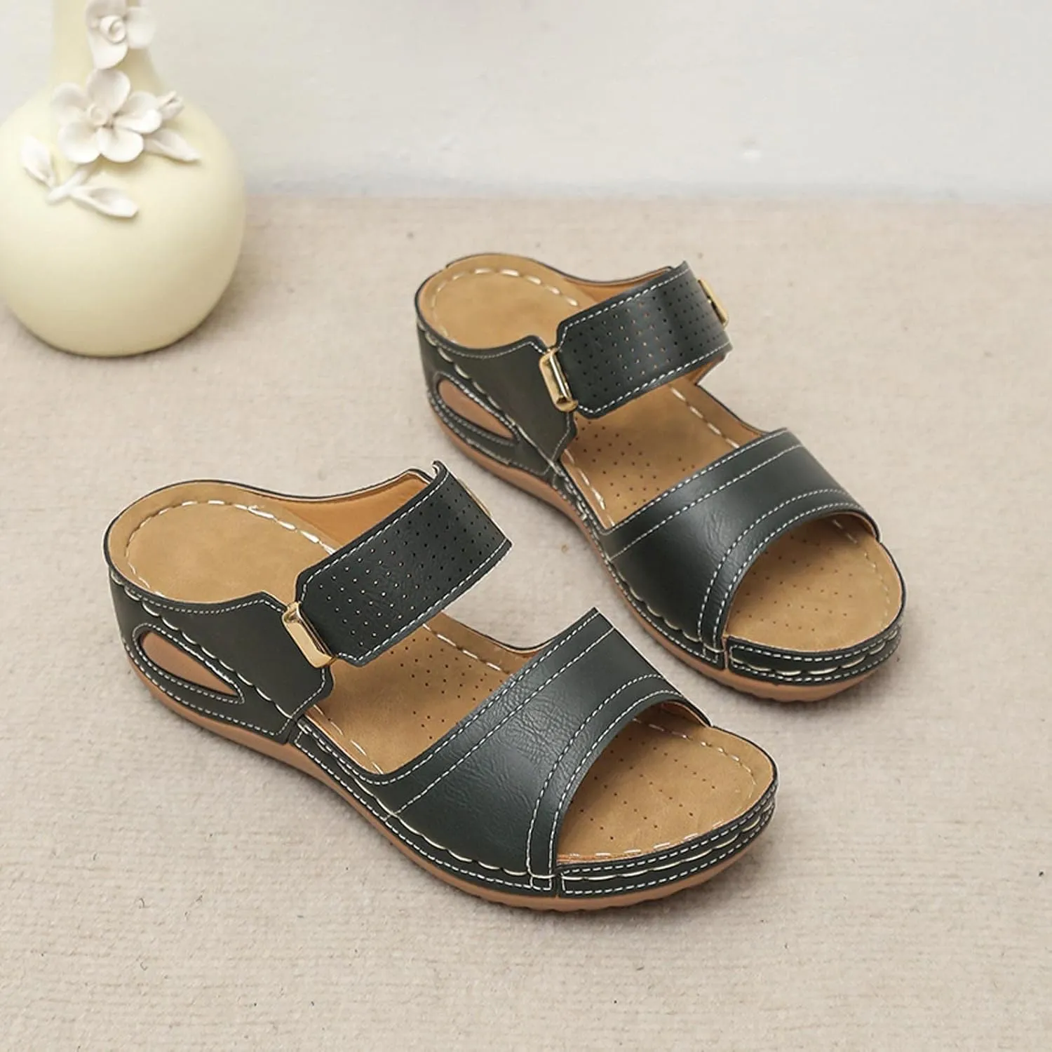 Wedge Sandals for Women Casual Summer Comfortable Fish Mouth Open Toe Double Straps Slip-on Slipper Novelty Trendy Stitched Outdoor Ladies Shoes