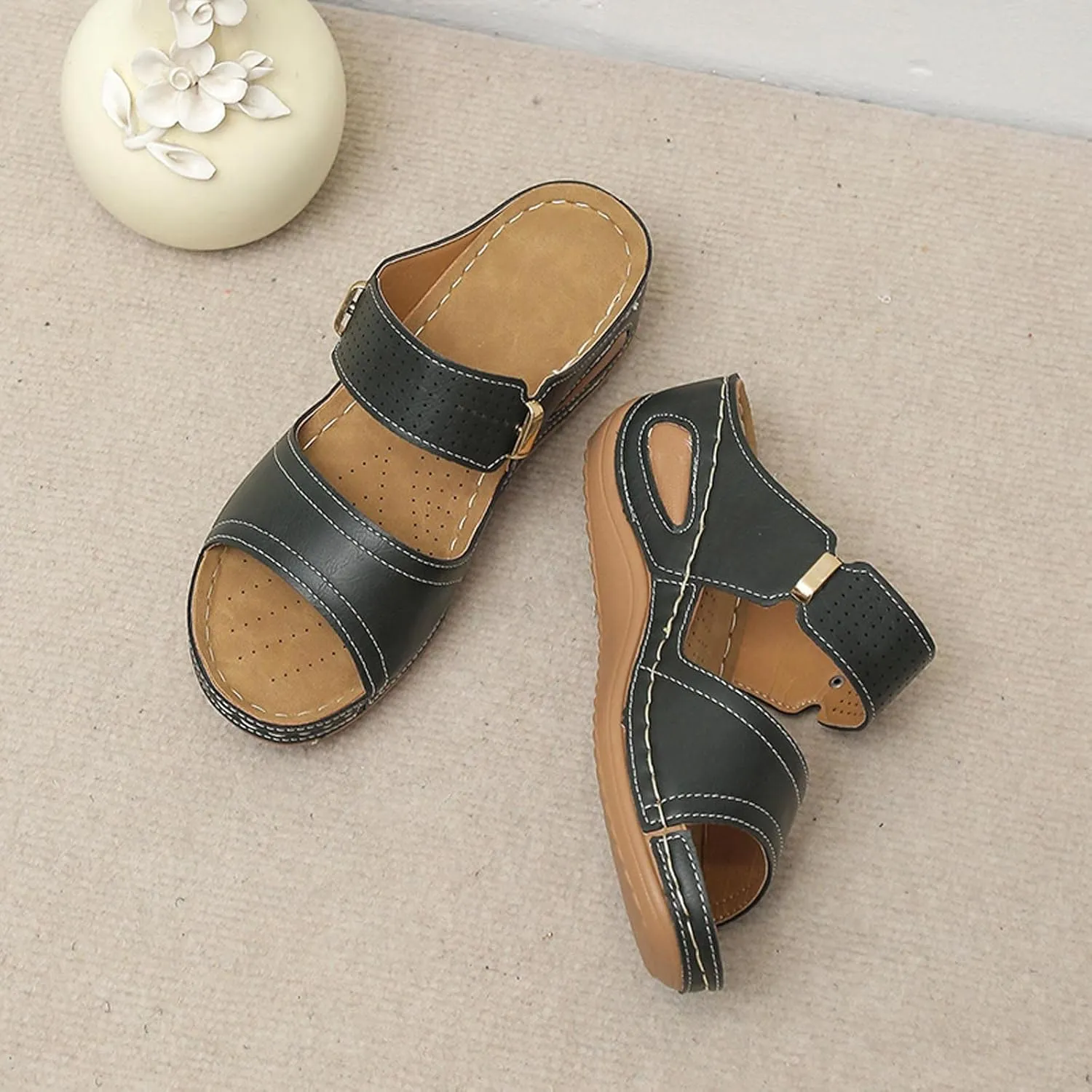 Wedge Sandals for Women Casual Summer Comfortable Fish Mouth Open Toe Double Straps Slip-on Slipper Novelty Trendy Stitched Outdoor Ladies Shoes