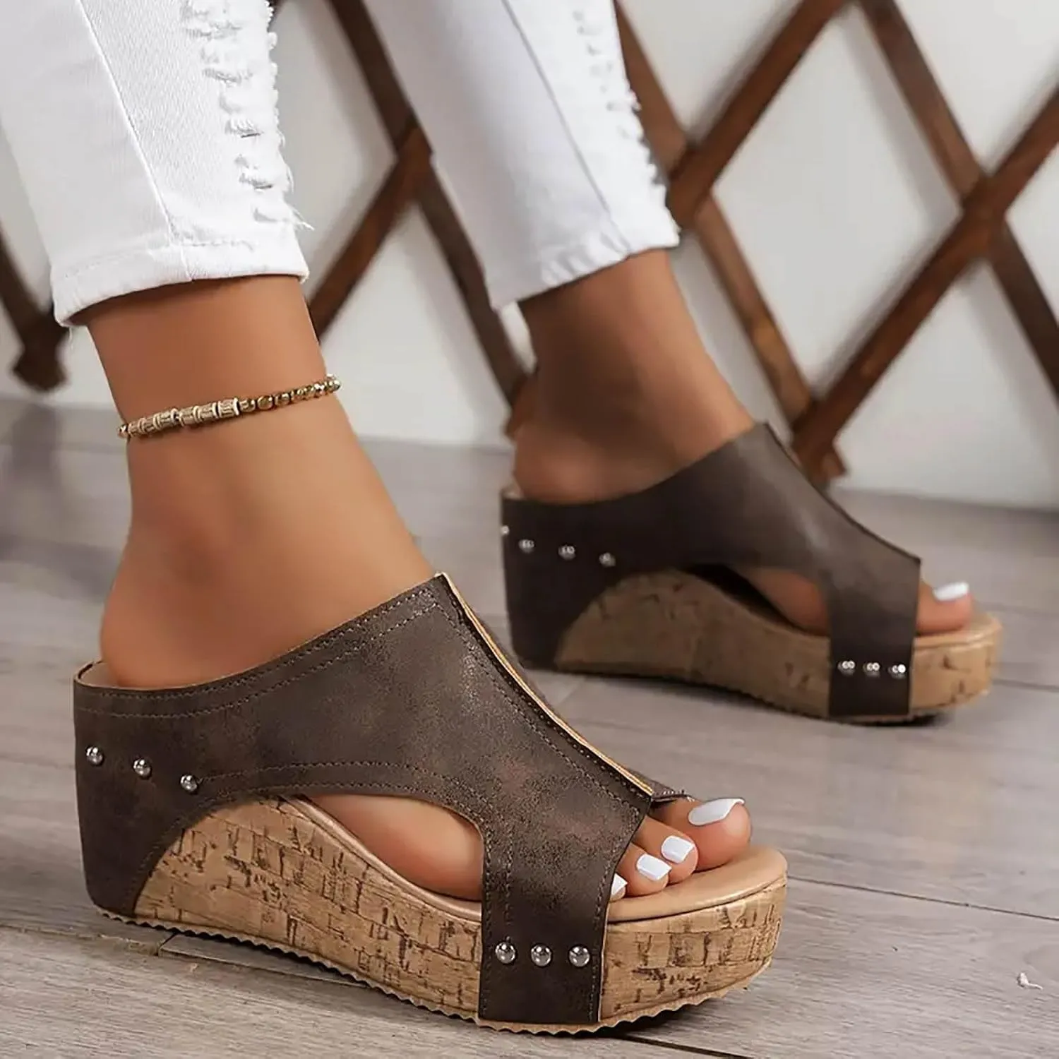 Wedges Sandals for Women Dressy 2025 Open Toe Cutout Zipper Chunky Heeled New Hollow Slip on Summer Beach Boho Mouth for Fish On Comfortable Outdoor Retro Comfy Orthotic Peep Black Shoes
