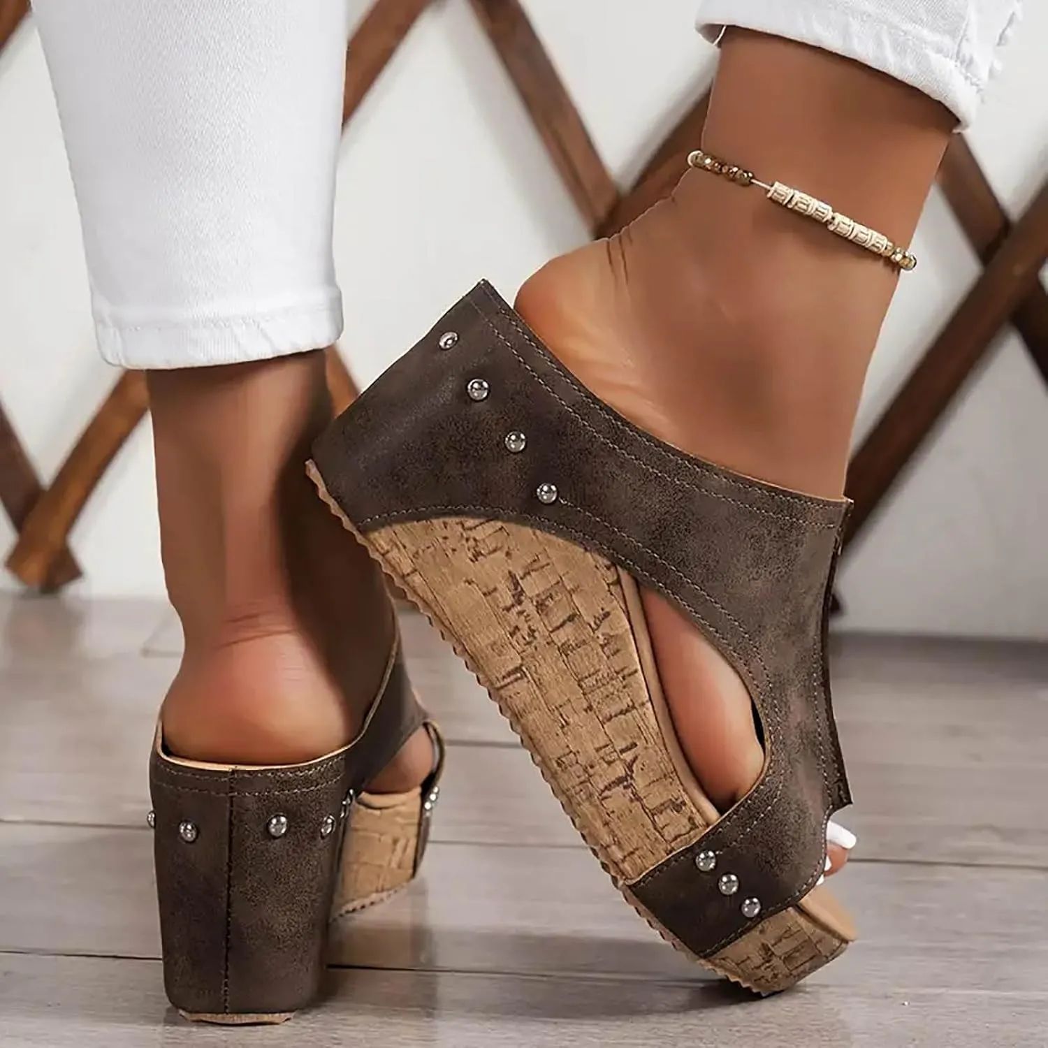Wedges Sandals for Women Dressy 2025 Open Toe Cutout Zipper Chunky Heeled New Hollow Slip on Summer Beach Boho Mouth for Fish On Comfortable Outdoor Retro Comfy Orthotic Peep Black Shoes