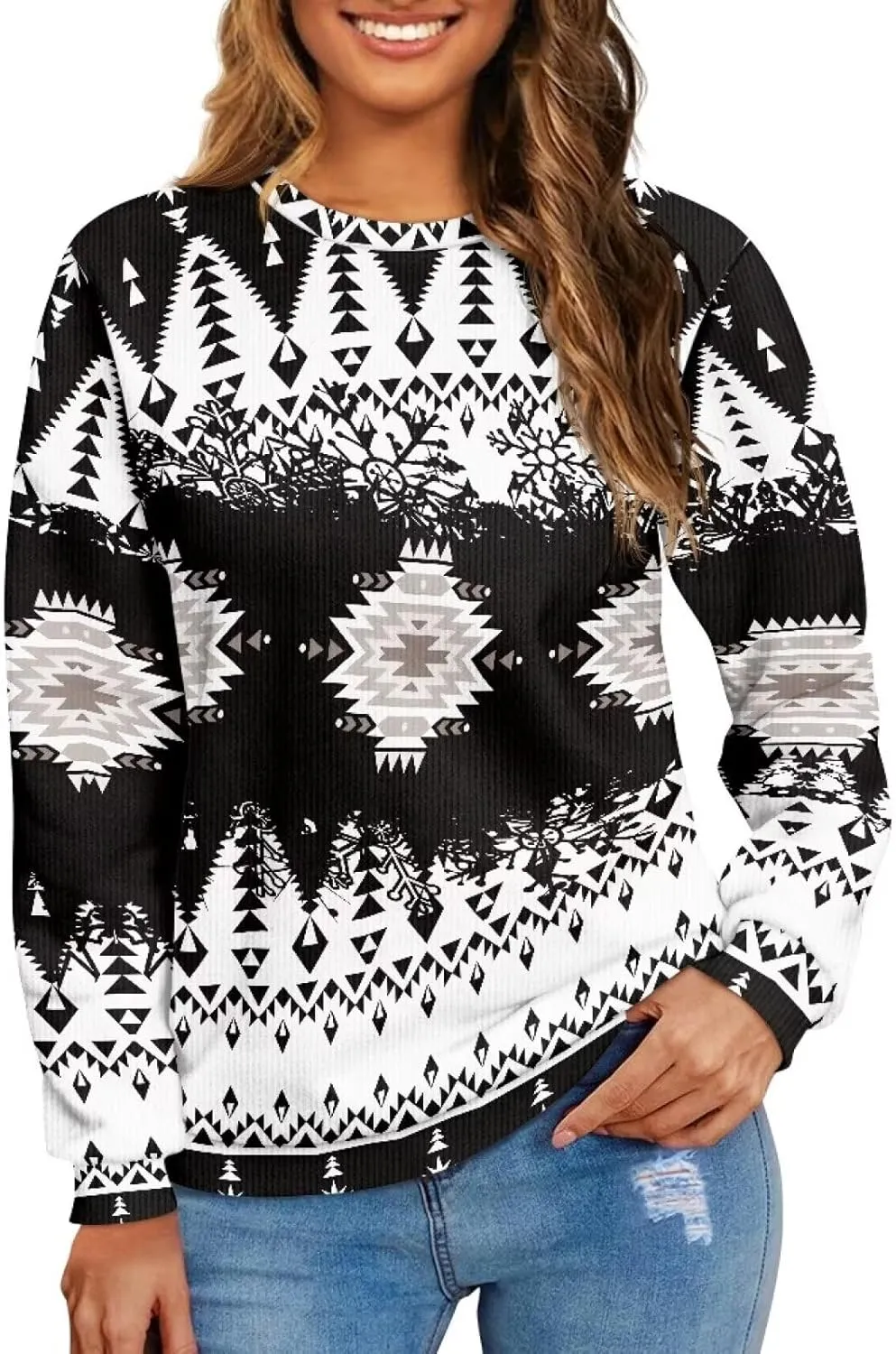 Western Shirt for Womens Native American Aztec Print Crewneck Sweatshirt Pullover