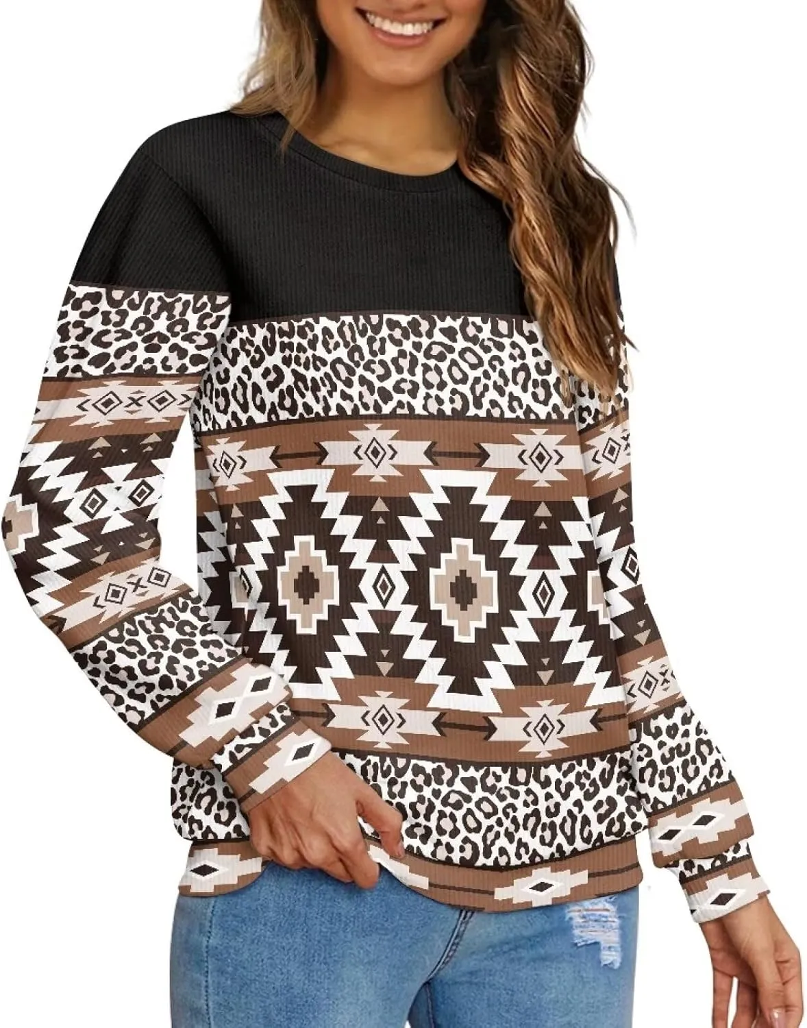 Western Shirt for Womens Native American Aztec Print Crewneck Sweatshirt Pullover