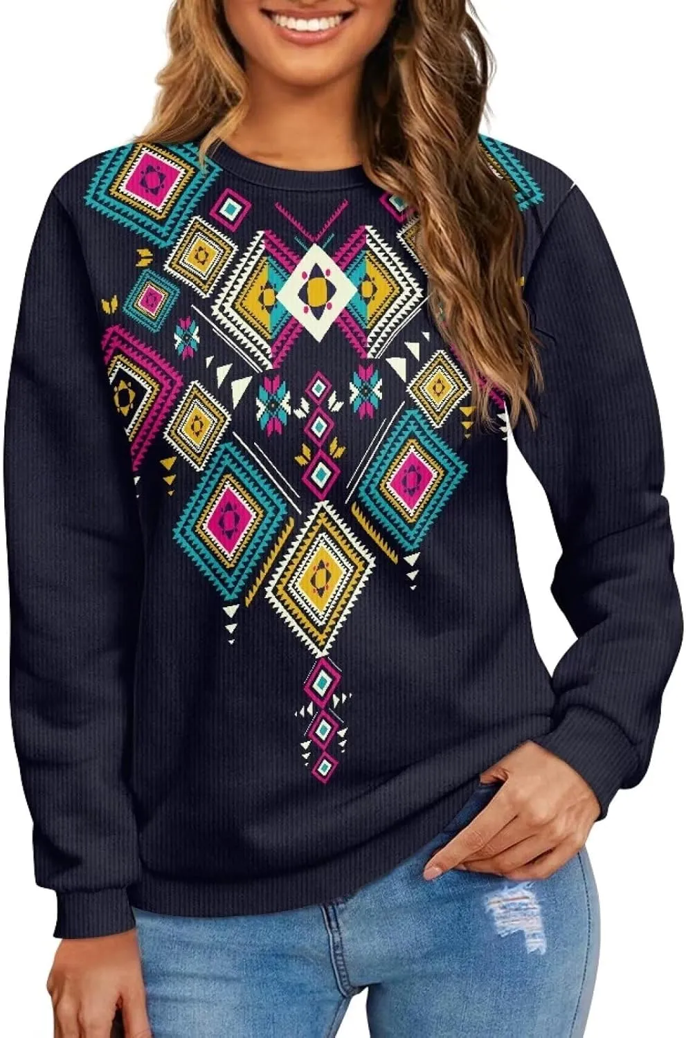 Western Shirt for Womens Native American Aztec Print Crewneck Sweatshirt Pullover
