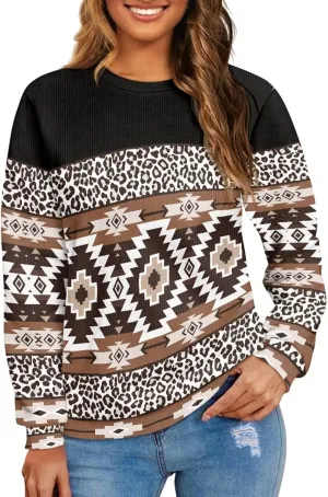 Western Shirt for Womens Native American Aztec Print Crewneck Sweatshirt Pullover