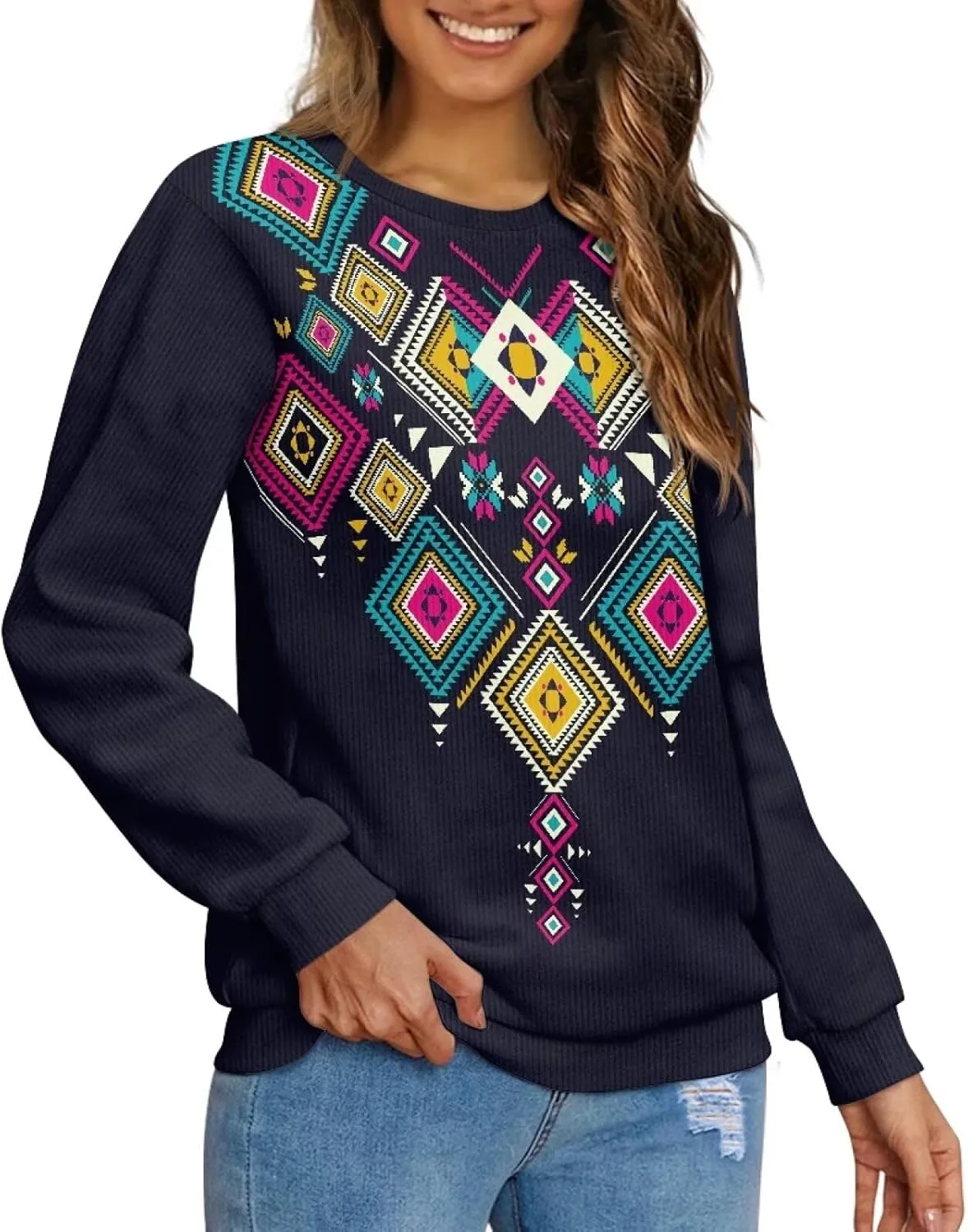 Western Shirt for Womens Native American Aztec Print Crewneck Sweatshirt Pullover