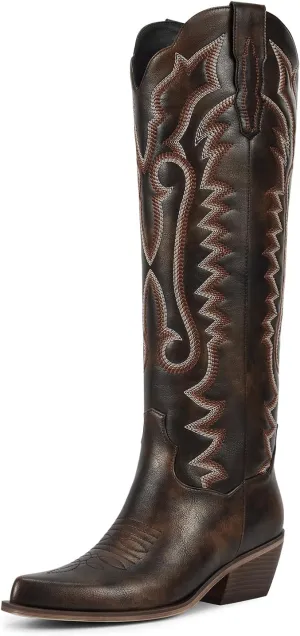 wetkiss Embroidery Cowboy Boots for Women with Zipper Pointed Toe Chunky Low Heel Cowgirl Boots, Knee High Western Boots Retro Vintage Classic Tall Boots for Ladies