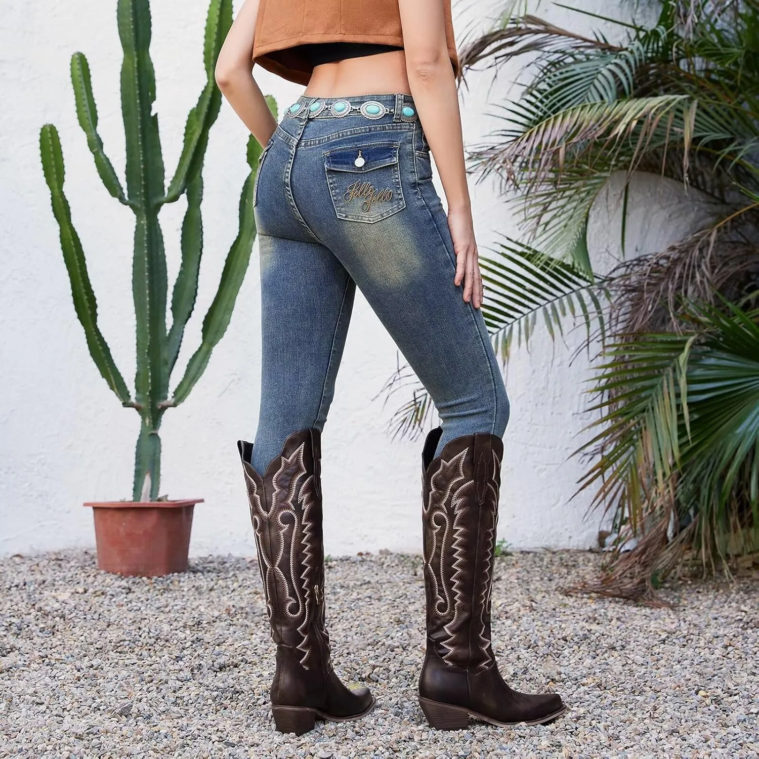 wetkiss Embroidery Cowboy Boots for Women with Zipper Pointed Toe Chunky Low Heel Cowgirl Boots, Knee High Western Boots Retro Vintage Classic Tall Boots for Ladies