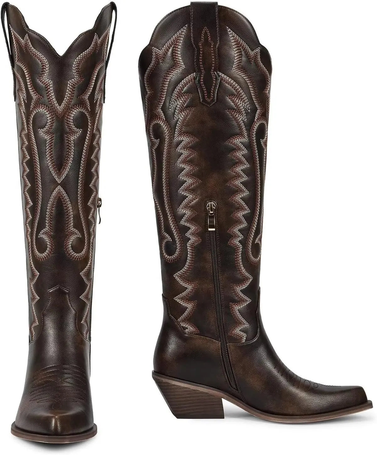 wetkiss Embroidery Cowboy Boots for Women with Zipper Pointed Toe Chunky Low Heel Cowgirl Boots, Knee High Western Boots Retro Vintage Classic Tall Boots for Ladies