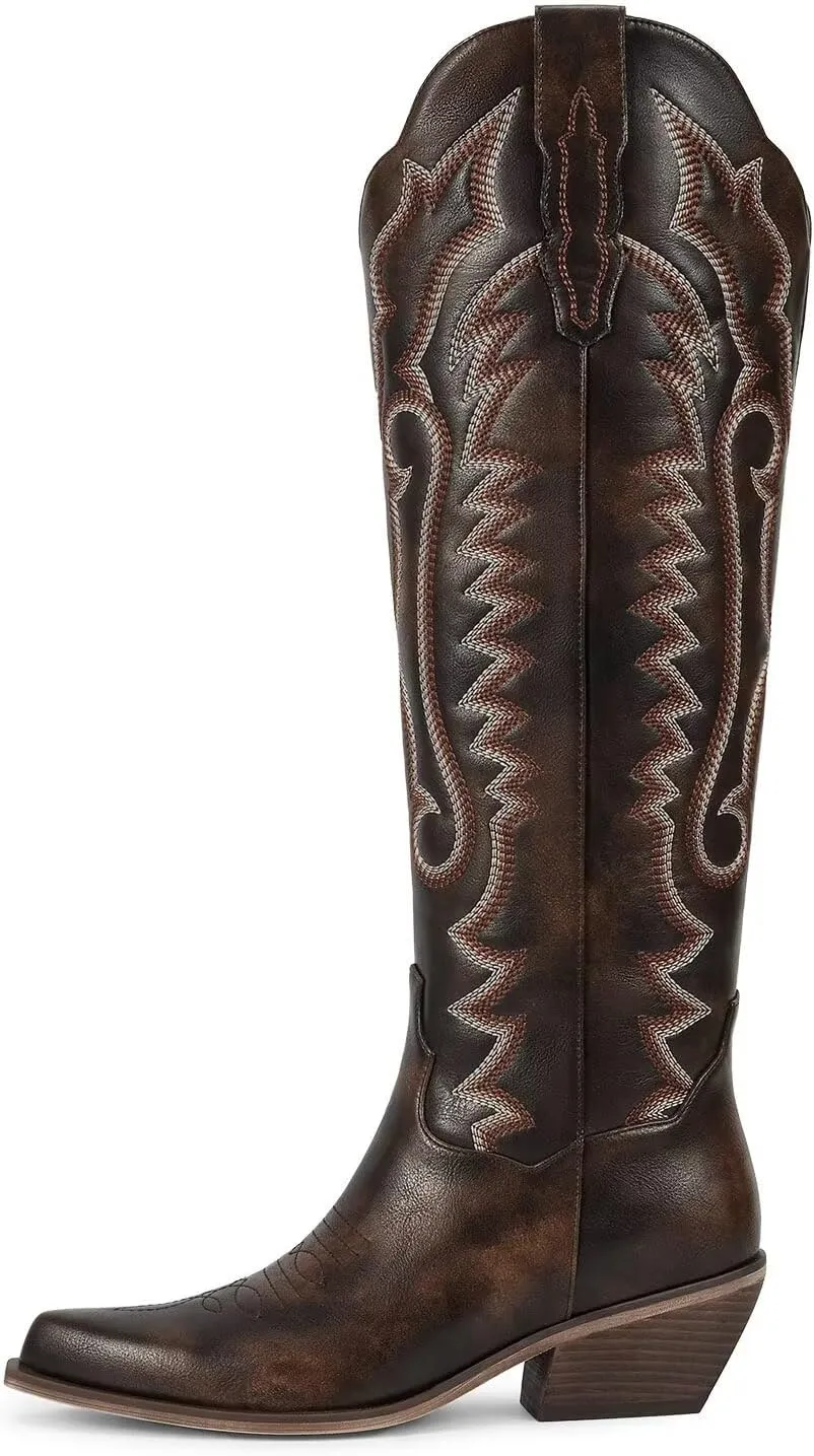 wetkiss Embroidery Cowboy Boots for Women with Zipper Pointed Toe Chunky Low Heel Cowgirl Boots, Knee High Western Boots Retro Vintage Classic Tall Boots for Ladies