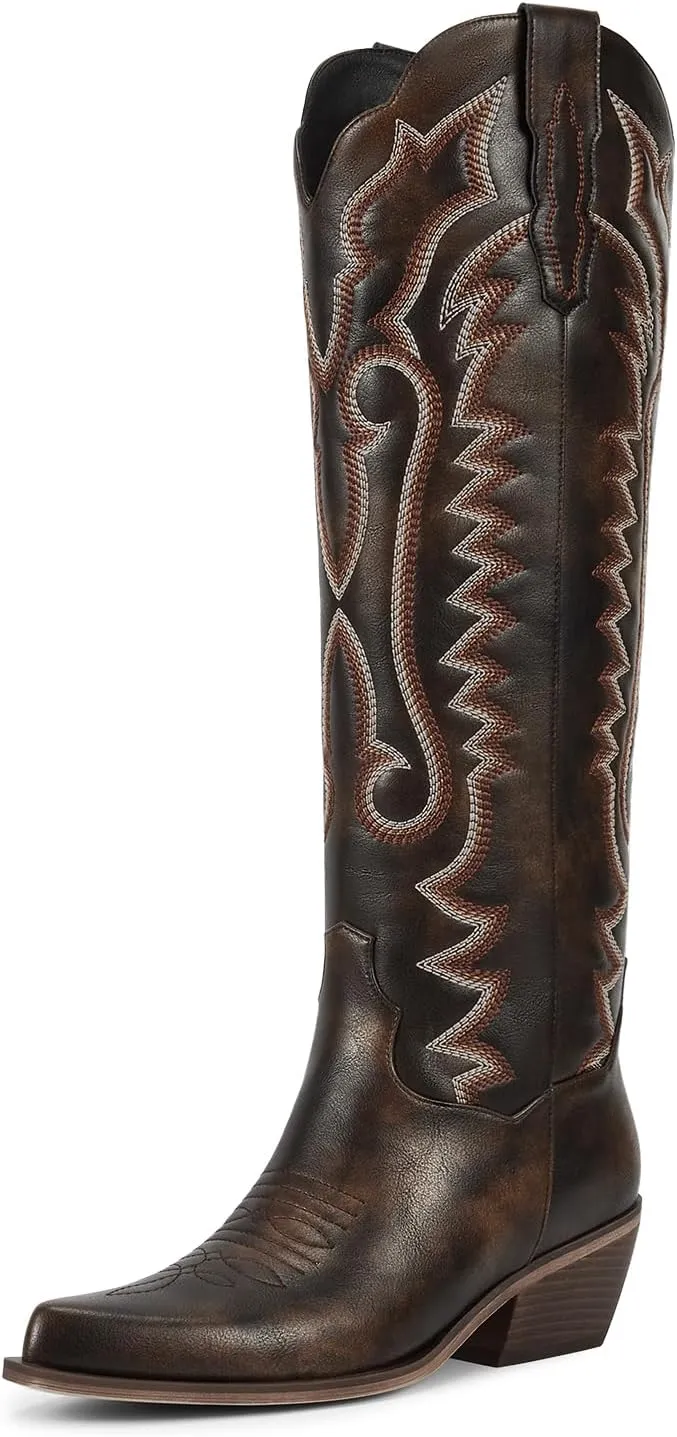 wetkiss Embroidery Cowboy Boots for Women with Zipper Pointed Toe Chunky Low Heel Cowgirl Boots, Knee High Western Boots Retro Vintage Classic Tall Boots for Ladies