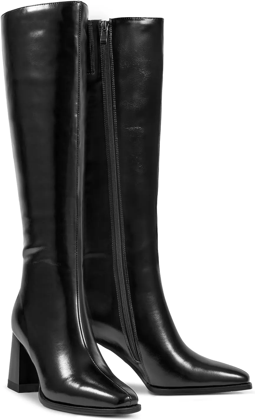 wetkiss Rhinestone/PU Low Chunky Pointed Toe Knee High Boots for Women with Full Bling Sparkly Crystals Booties for Wedding Party Date Dress