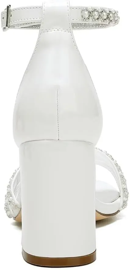 White Women's Block Heel Sandal, Open Toe, Ankle Strap, Pearl Wedding Shoes for Bride, Bridesmaids, Mother of the Bride, Prom, Evening, Cocktail, Ball Gown
