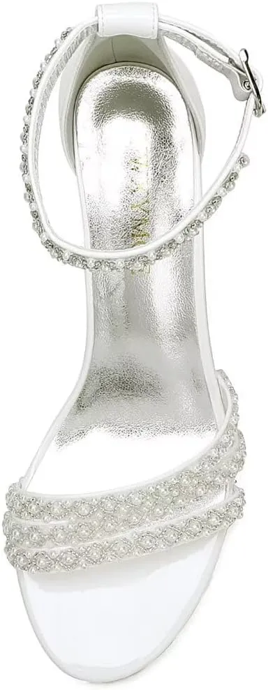 White Women's Block Heel Sandal, Open Toe, Ankle Strap, Pearl Wedding Shoes for Bride, Bridesmaids, Mother of the Bride, Prom, Evening, Cocktail, Ball Gown