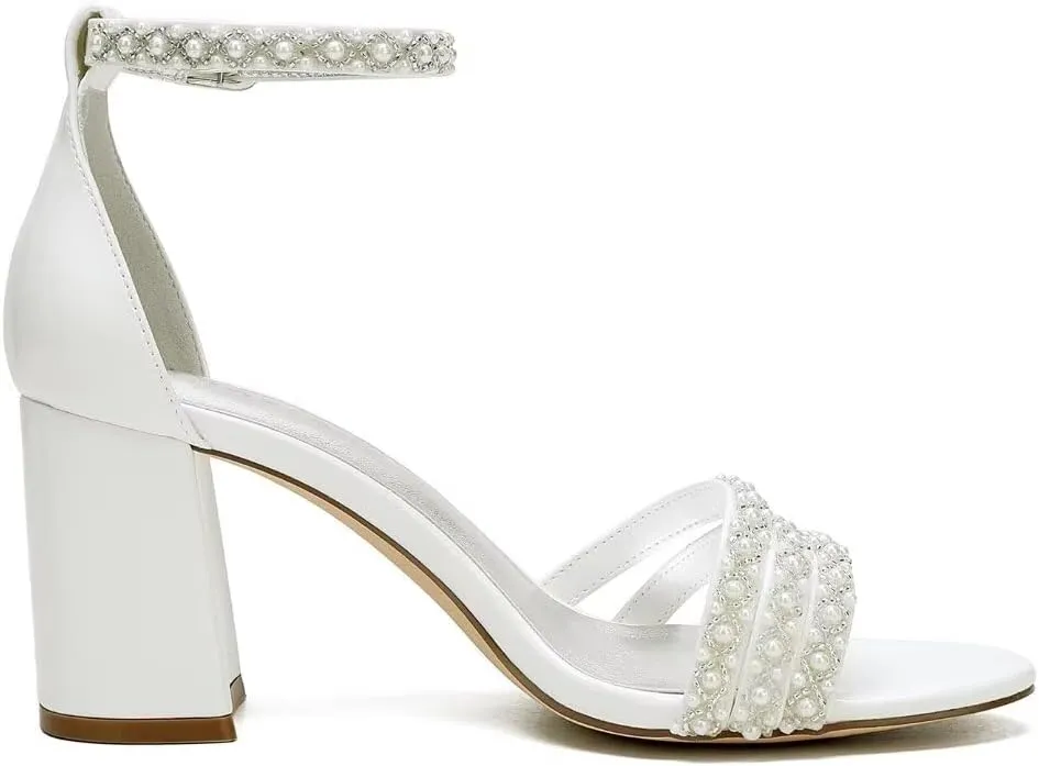 White Women's Block Heel Sandal, Open Toe, Ankle Strap, Pearl Wedding Shoes for Bride, Bridesmaids, Mother of the Bride, Prom, Evening, Cocktail, Ball Gown