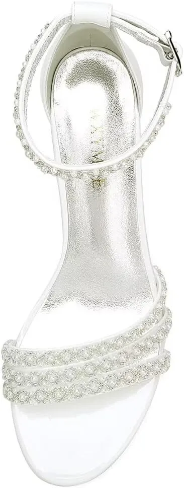 White Women's Block Heel Sandal, Open Toe, Ankle Strap, Pearl Wedding Shoes for Bride, Bridesmaids, Mother of the Bride, Prom, Evening, Cocktail, Ball Gown
