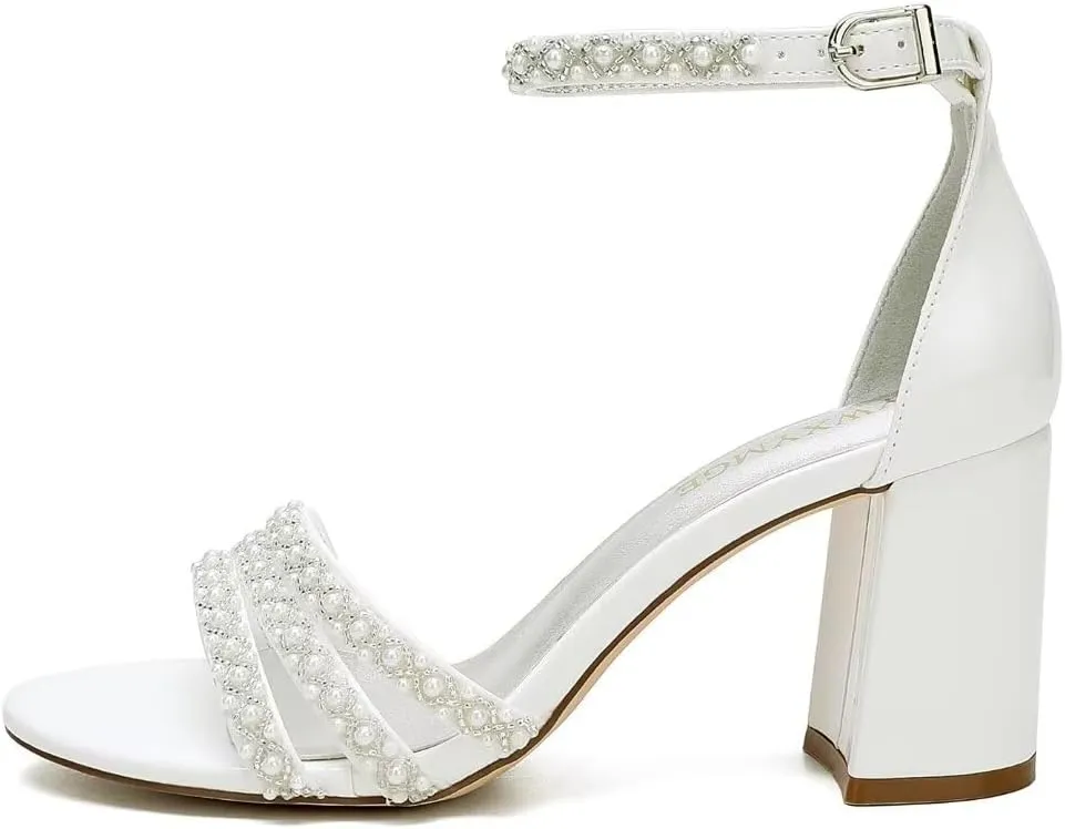 White Women's Block Heel Sandal, Open Toe, Ankle Strap, Pearl Wedding Shoes for Bride, Bridesmaids, Mother of the Bride, Prom, Evening, Cocktail, Ball Gown