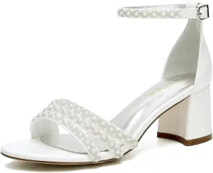 White Women's Block Heel Sandal, Open Toe, Ankle Strap, Pearl Wedding Shoes for Bride, Bridesmaids, Mother of the Bride, Prom, Evening, Cocktail, Ball Gown