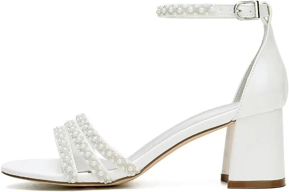White Women's Block Heel Sandal, Open Toe, Ankle Strap, Pearl Wedding Shoes for Bride, Bridesmaids, Mother of the Bride, Prom, Evening, Cocktail, Ball Gown