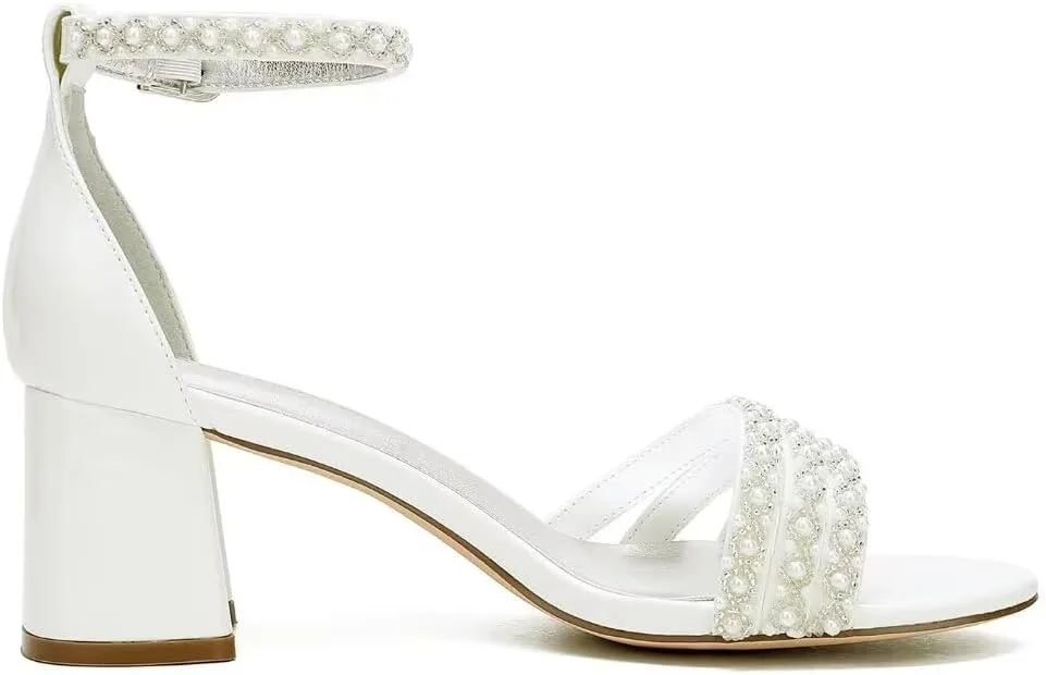 White Women's Block Heel Sandal, Open Toe, Ankle Strap, Pearl Wedding Shoes for Bride, Bridesmaids, Mother of the Bride, Prom, Evening, Cocktail, Ball Gown