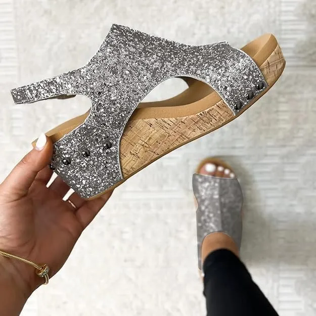 Wide Width Platform Wedge Sandals For Women Summer Dressy,Womens Open Toe Buckle Ankle Strap Cork Orthopedic Sandals Women's Slip On Beach Walking Shoes