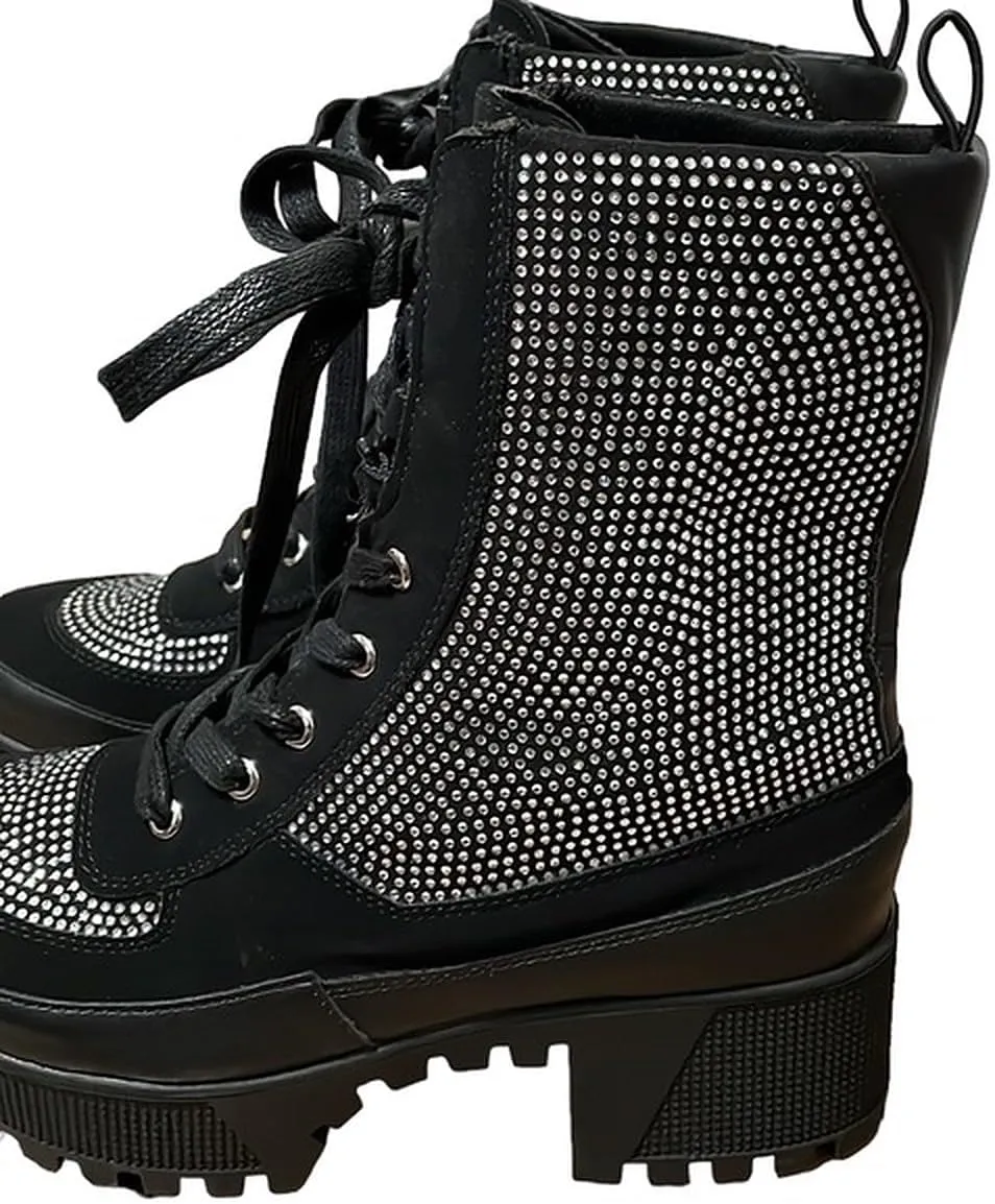 Wild Diva Women Rhinestone Lace Up Lug-Sole Chunky Block Heel Combat Ankle Boots