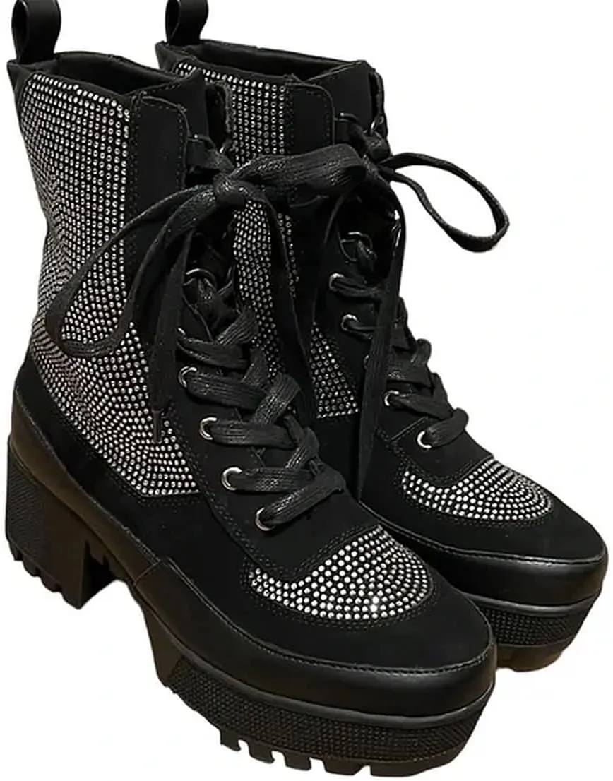 Wild Diva Women Rhinestone Lace Up Lug-Sole Chunky Block Heel Combat Ankle Boots