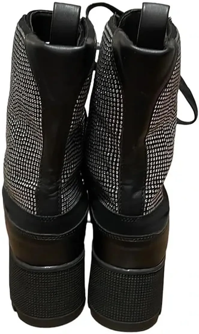 Wild Diva Women Rhinestone Lace Up Lug-Sole Chunky Block Heel Combat Ankle Boots