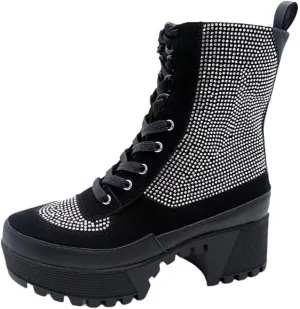 Wild Diva Women Rhinestone Lace Up Lug-Sole Chunky Block Heel Combat Ankle Boots