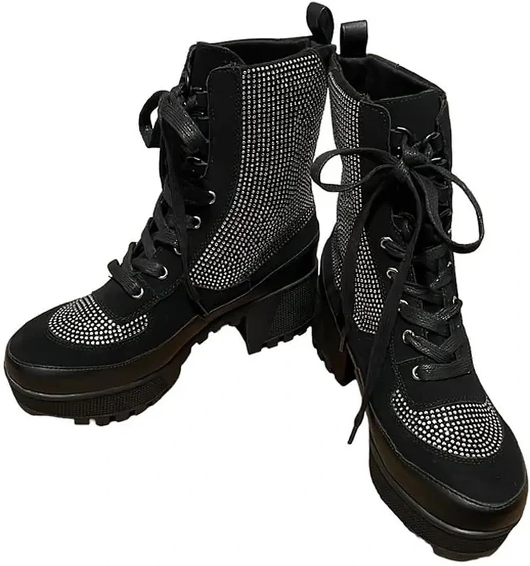 Wild Diva Women Rhinestone Lace Up Lug-Sole Chunky Block Heel Combat Ankle Boots