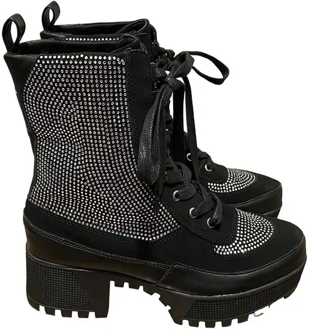 Wild Diva Women Rhinestone Lace Up Lug-Sole Chunky Block Heel Combat Ankle Boots