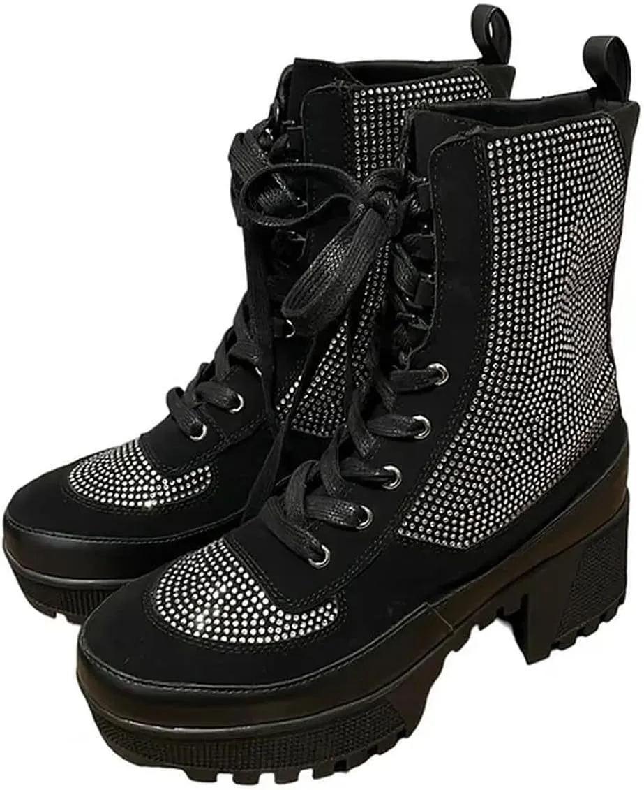 Wild Diva Women Rhinestone Lace Up Lug-Sole Chunky Block Heel Combat Ankle Boots