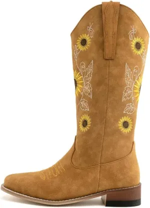WIRALOMI Sunflower Cowboy Boots for Women, Embroidery Cowgirl Mid Calf Boots with Floral, Pointed Toe Chunky Heel Western Bootss