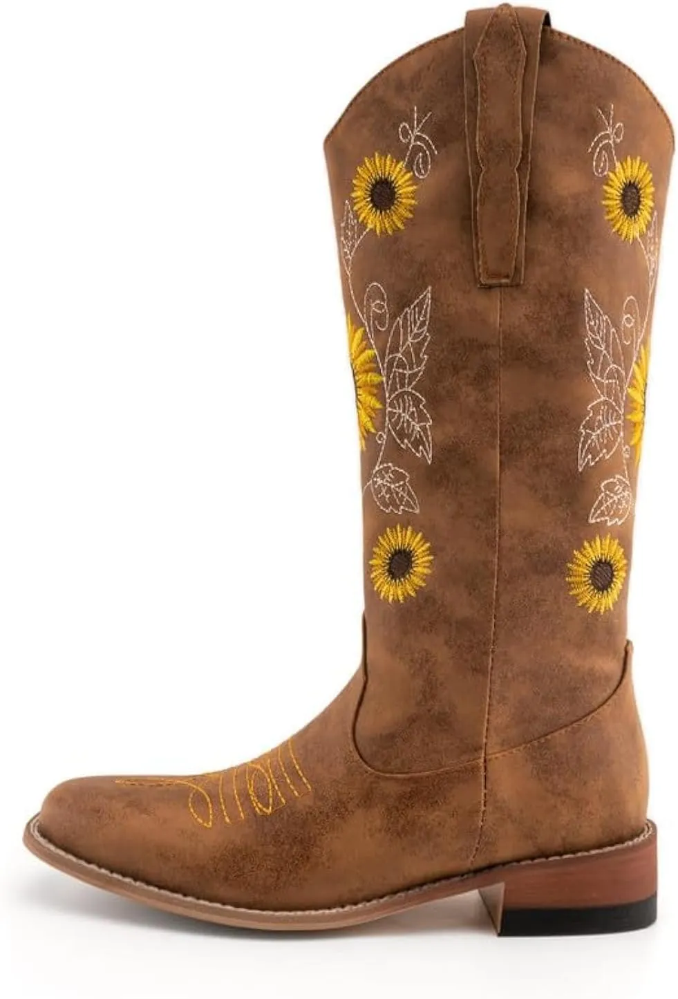 WIRALOMI Sunflower Cowboy Boots for Women, Embroidery Cowgirl Mid Calf Boots with Floral, Pointed Toe Chunky Heel Western Bootss
