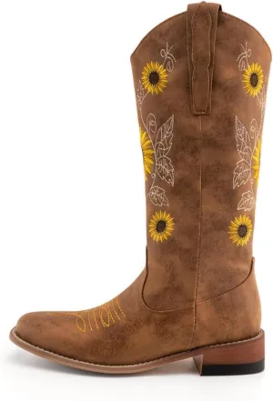 WIRALOMI Sunflower Cowboy Boots for Women, Embroidery Cowgirl Mid Calf Boots with Floral, Pointed Toe Chunky Heel Western Bootss