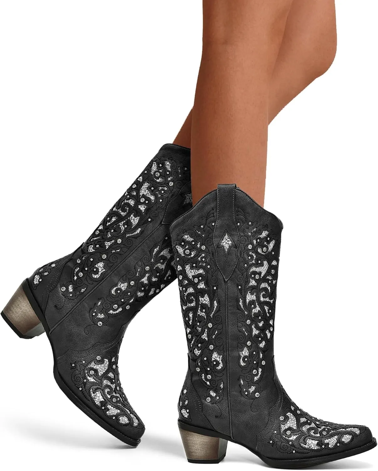 WIRALOMI Women Printed Western Rhinestones Cowboy Cowgirl Boots Square Toe Embroidered Retro Pull on Mid Calf Boots Wedding Travel