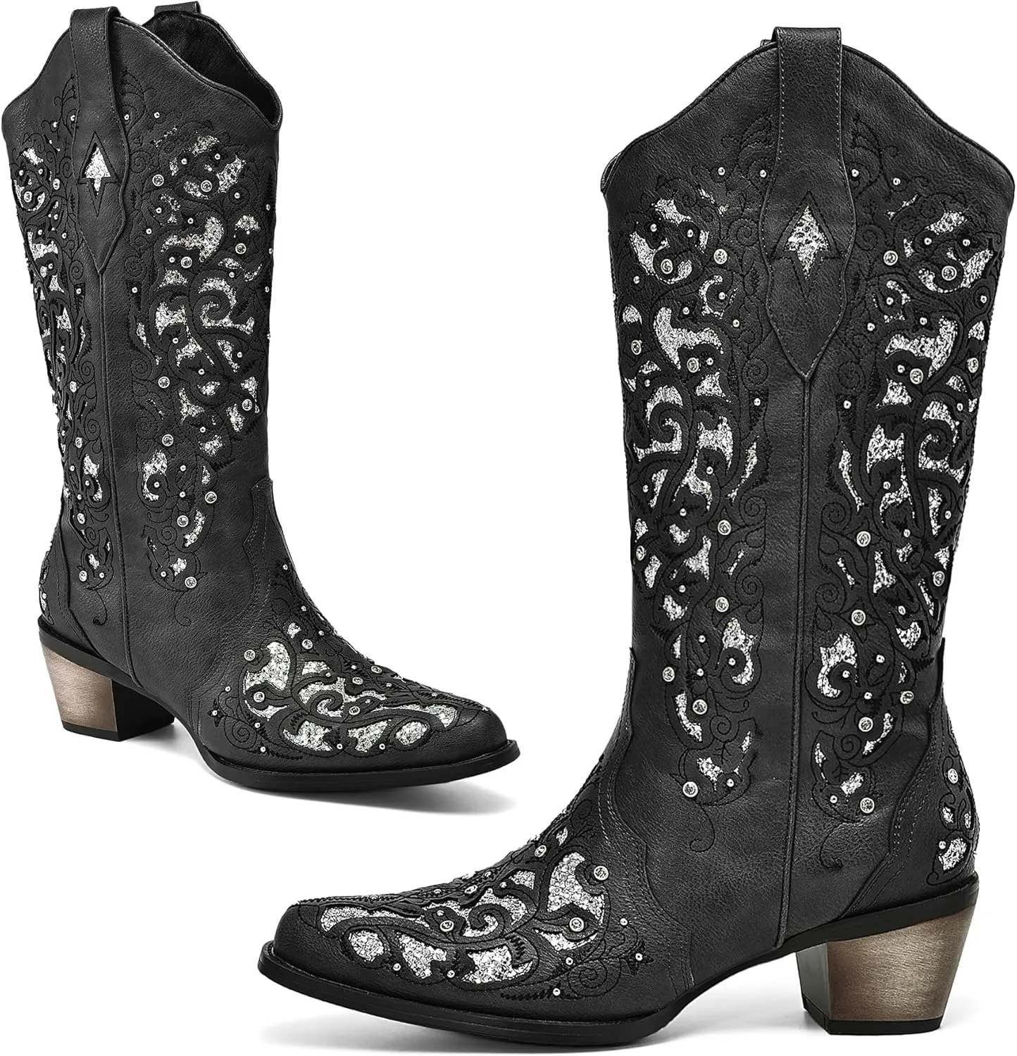 WIRALOMI Women Printed Western Rhinestones Cowboy Cowgirl Boots Square Toe Embroidered Retro Pull on Mid Calf Boots Wedding Travel