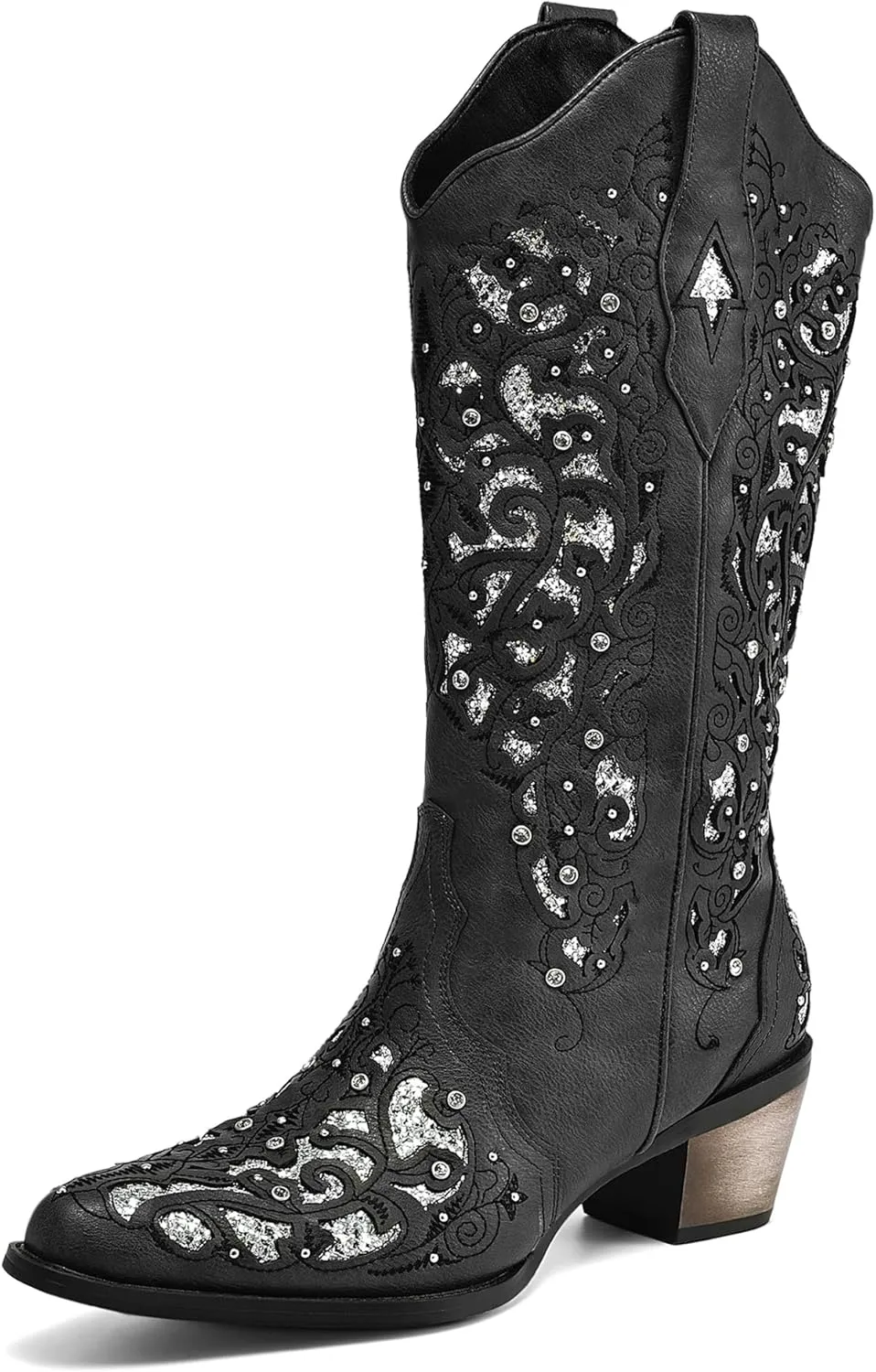 WIRALOMI Women Printed Western Rhinestones Cowboy Cowgirl Boots Square Toe Embroidered Retro Pull on Mid Calf Boots Wedding Travel