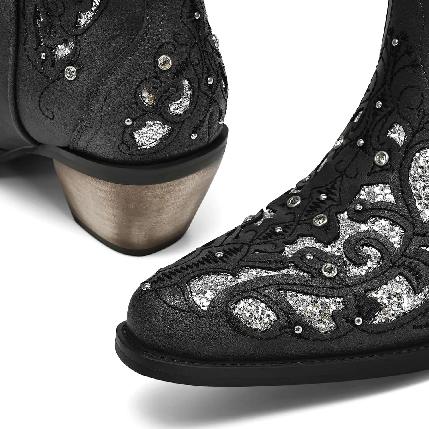 WIRALOMI Women Printed Western Rhinestones Cowboy Cowgirl Boots Square Toe Embroidered Retro Pull on Mid Calf Boots Wedding Travel