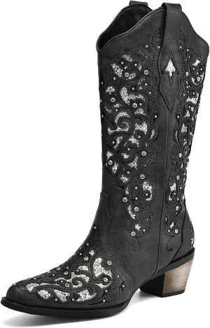 WIRALOMI Women Printed Western Rhinestones Cowboy Cowgirl Boots Square Toe Embroidered Retro Pull on Mid Calf Boots Wedding Travel