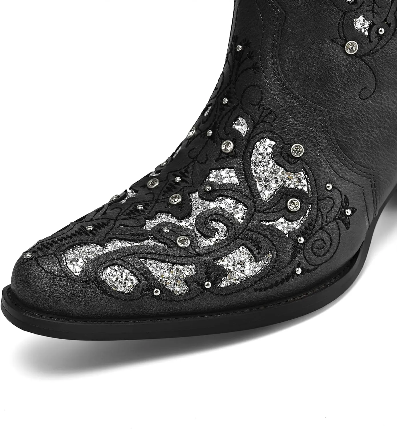 WIRALOMI Women Printed Western Rhinestones Cowboy Cowgirl Boots Square Toe Embroidered Retro Pull on Mid Calf Boots Wedding Travel