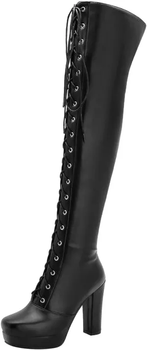 wodceeke Women's Lace Up Over the Knee Boots Platform Chunky Heel Thigh High Boots Side Zipper Leather Combat Boots