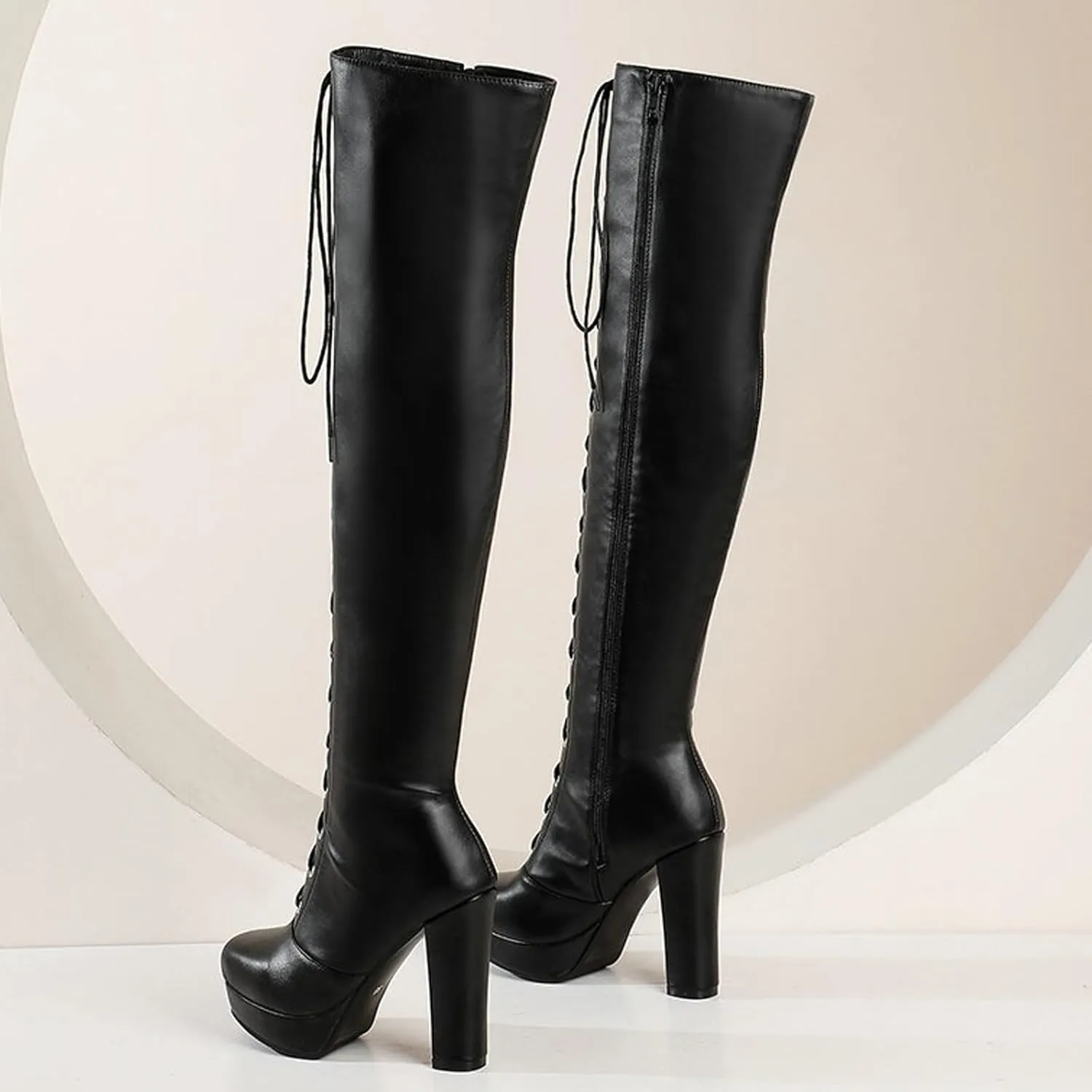 wodceeke Women's Lace Up Over the Knee Boots Platform Chunky Heel Thigh High Boots Side Zipper Leather Combat Boots