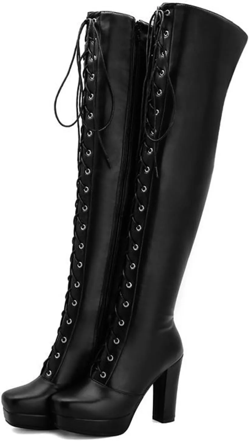 wodceeke Women's Lace Up Over the Knee Boots Platform Chunky Heel Thigh High Boots Side Zipper Leather Combat Boots