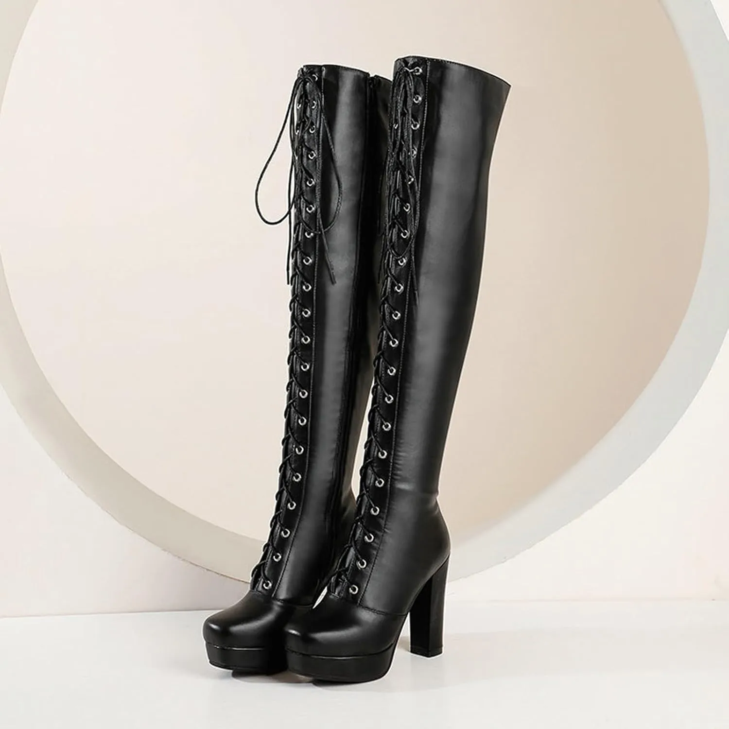 wodceeke Women's Lace Up Over the Knee Boots Platform Chunky Heel Thigh High Boots Side Zipper Leather Combat Boots