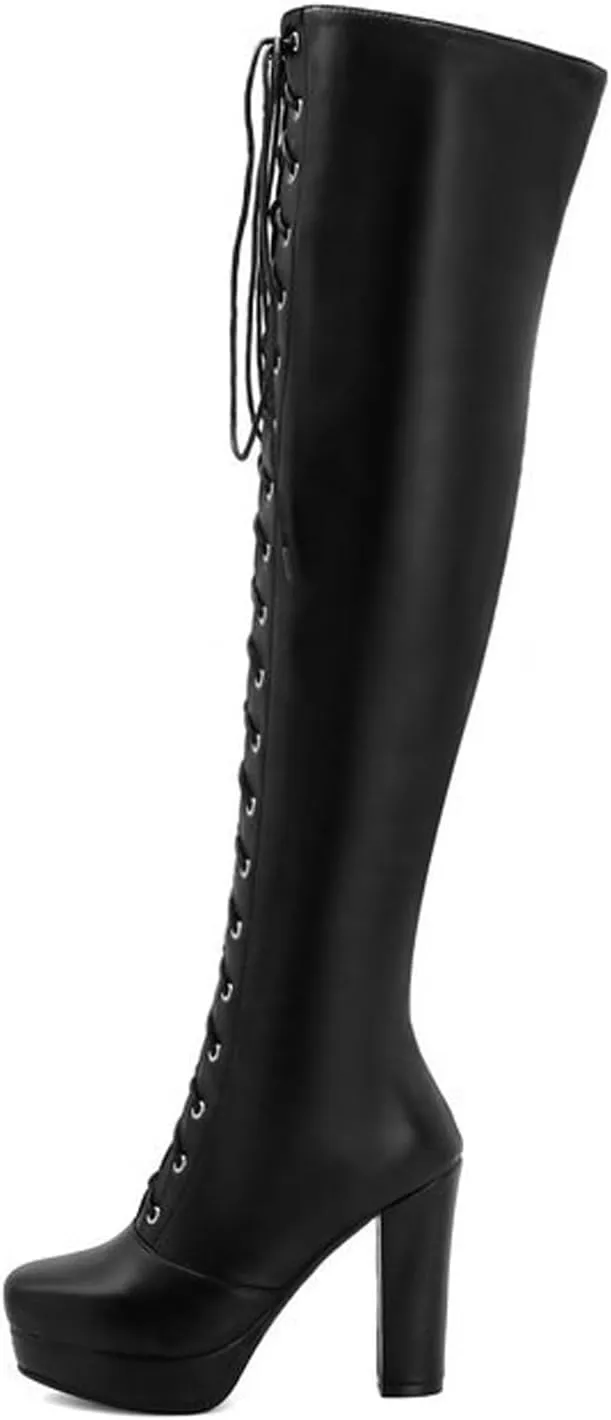 wodceeke Women's Lace Up Over the Knee Boots Platform Chunky Heel Thigh High Boots Side Zipper Leather Combat Boots