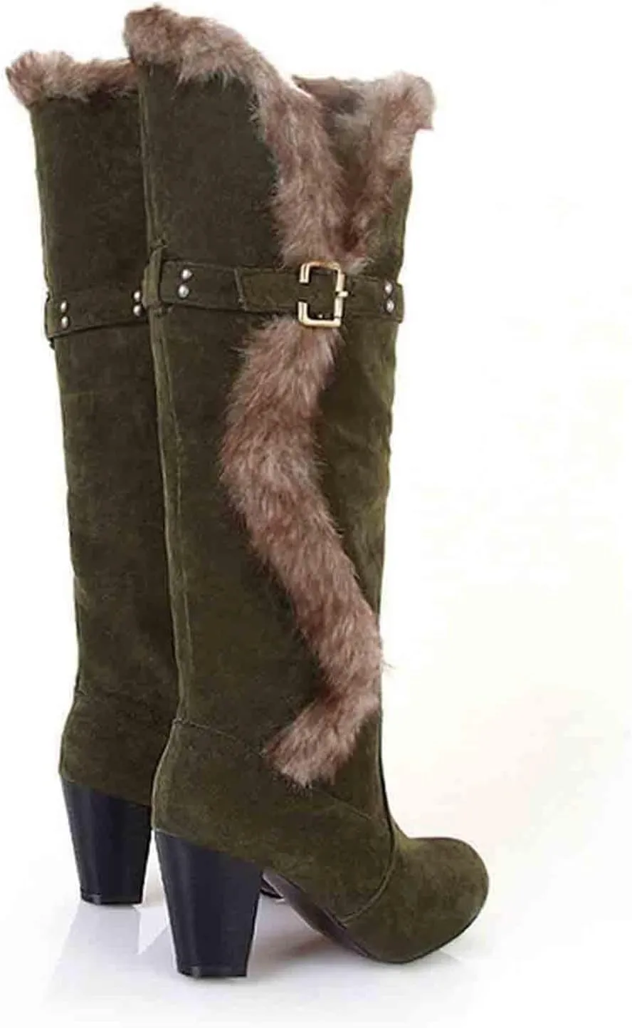 wodceeke Women's Winter Warm Knee High Boots Fur Lined Snow Boots Chunky High Heel Wide Width Buckle Suede Boots