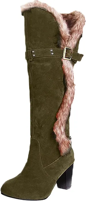 wodceeke Women's Winter Warm Knee High Boots Fur Lined Snow Boots Chunky High Heel Wide Width Buckle Suede Boots
