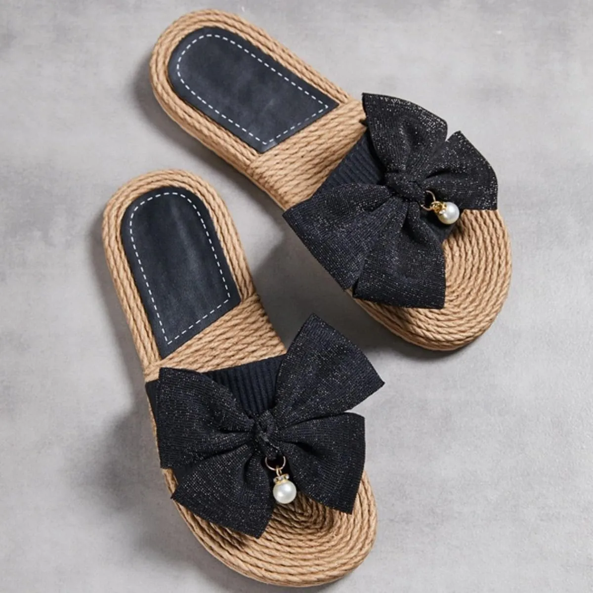 Women Bow Beach Sandals Cute Summer Pearl Straw Flats Comfortable Casual Open Toe Slides