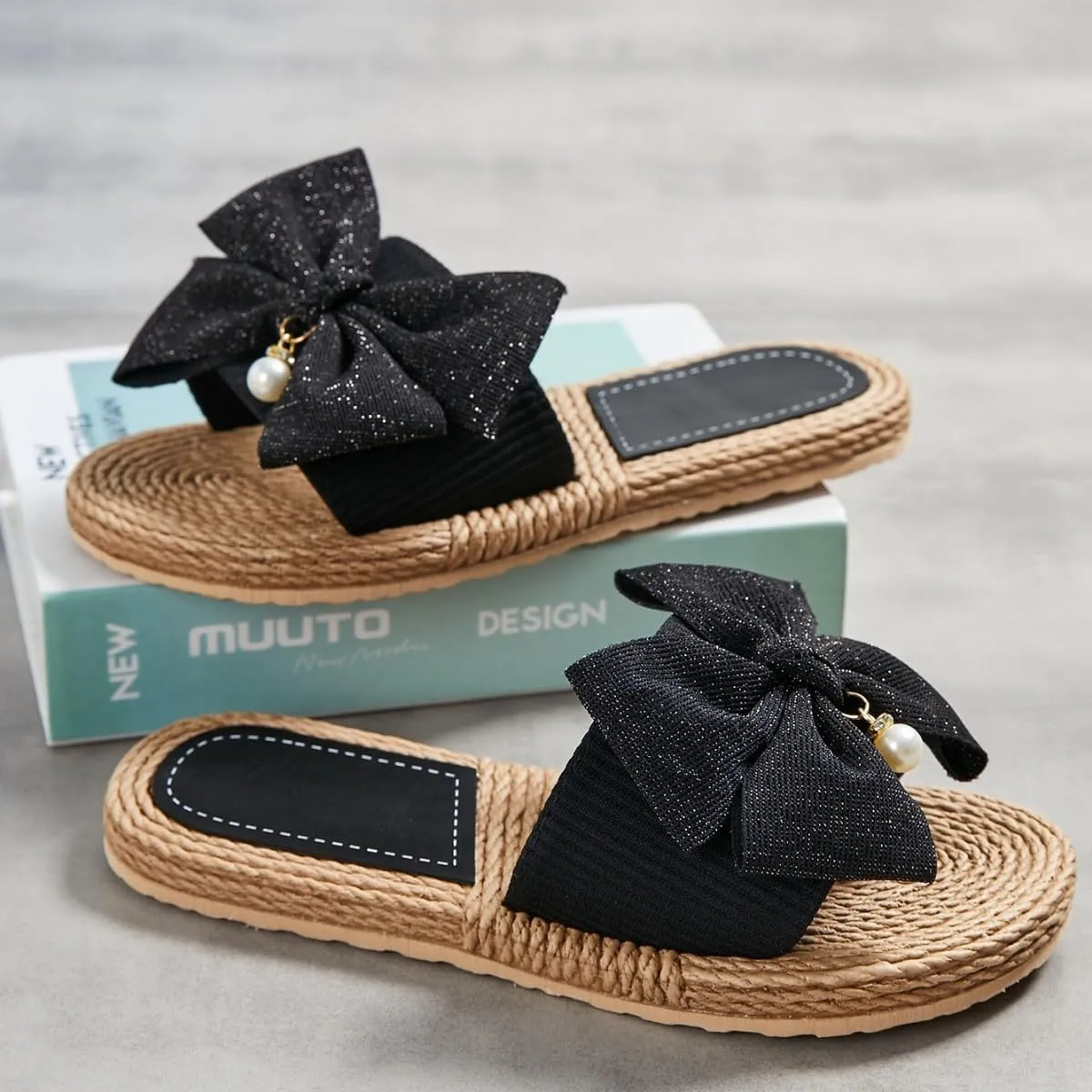 Women Bow Beach Sandals Cute Summer Pearl Straw Flats Comfortable Casual Open Toe Slides